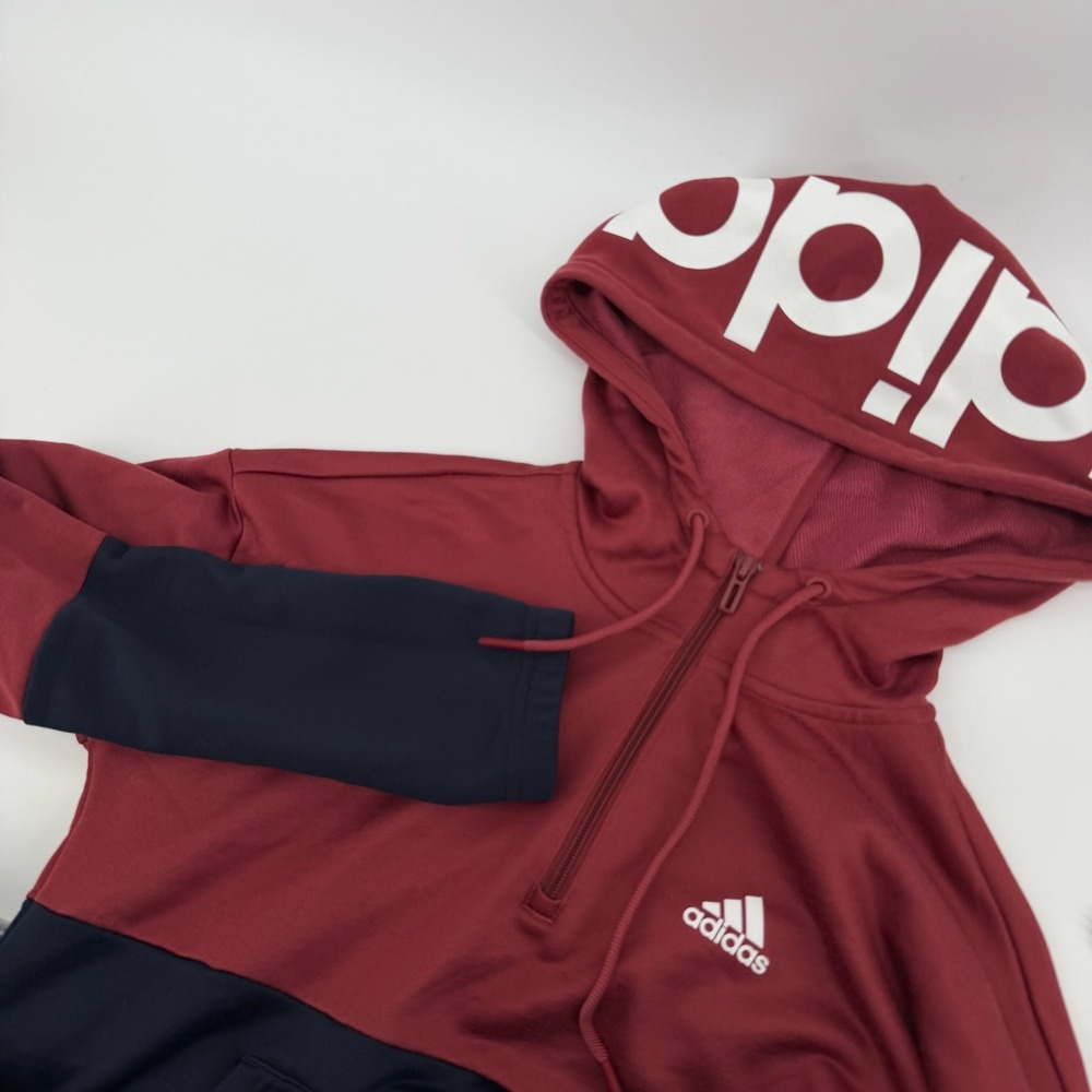 Adidas Hoodie XS‎ Pullover Half Zip Sweatshirt Color Block Maroon Black Top
